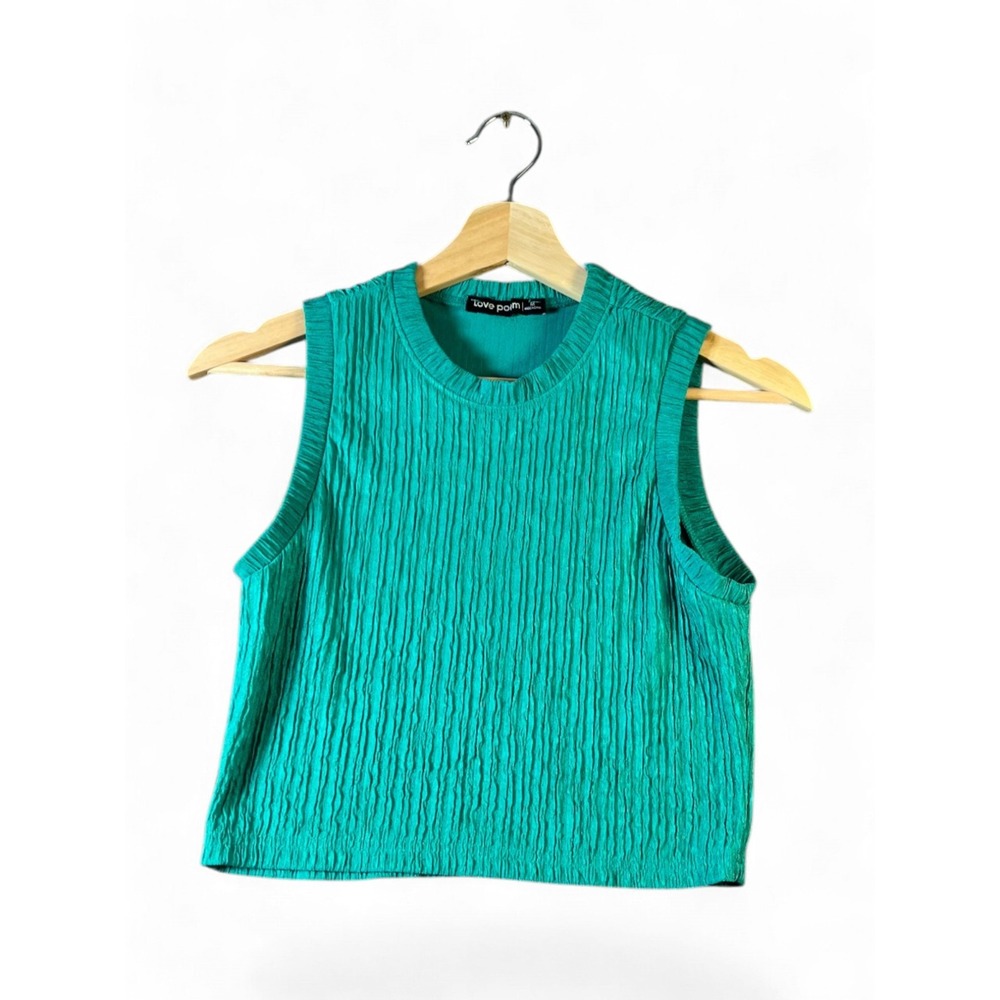 Love Poem Teal Green Crinkle Plisse 2 Piece Set Crop Top Wide Leg Pants Size M